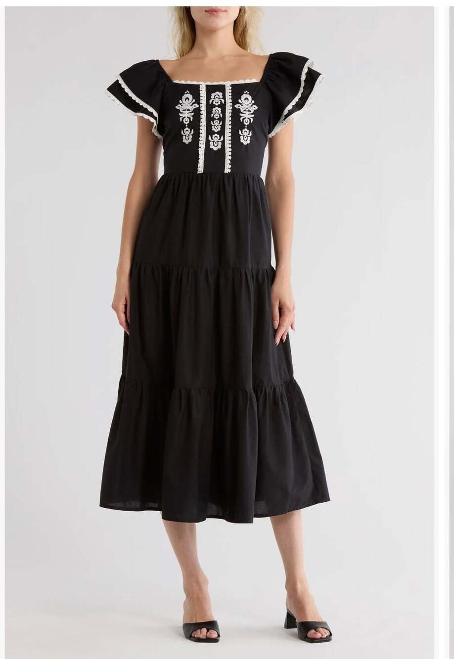 Love By Design Black Embroidered Cotton Midi Dress L Cottagecore Boho Romantic